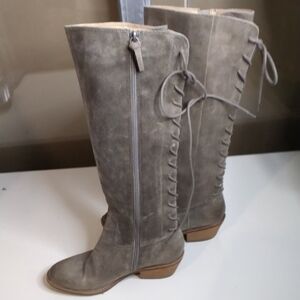 Sofft Women’s Knee-High Lace-Back Suede Boots in Taupe